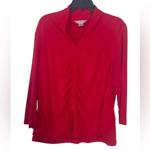 Tan Jay ruched front b-neck vintage blouse. Size large in Red GUC - Picture 3 of 6